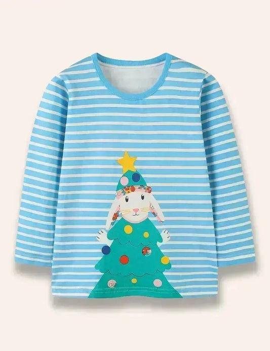 T-shirt a righe a maniche lunghe stampata con coniglietto natalizio