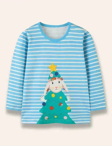 Christmas Bunny Printed Long Sleeve Striped T-Shirt