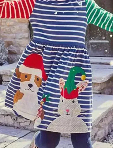 Weihnachtliches Kleid mit Tierfreund-Applikation und Colorblock