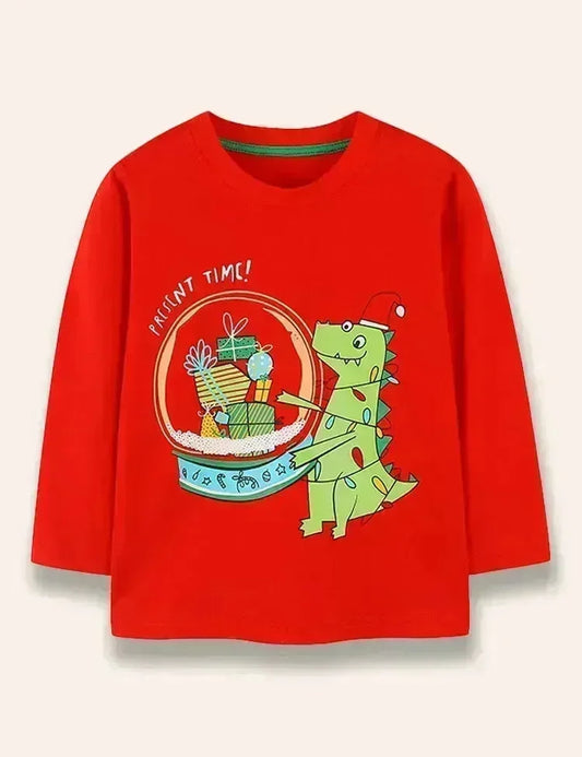 T-shirt a maniche lunghe stampata con dinosauro cartone animato natalizio