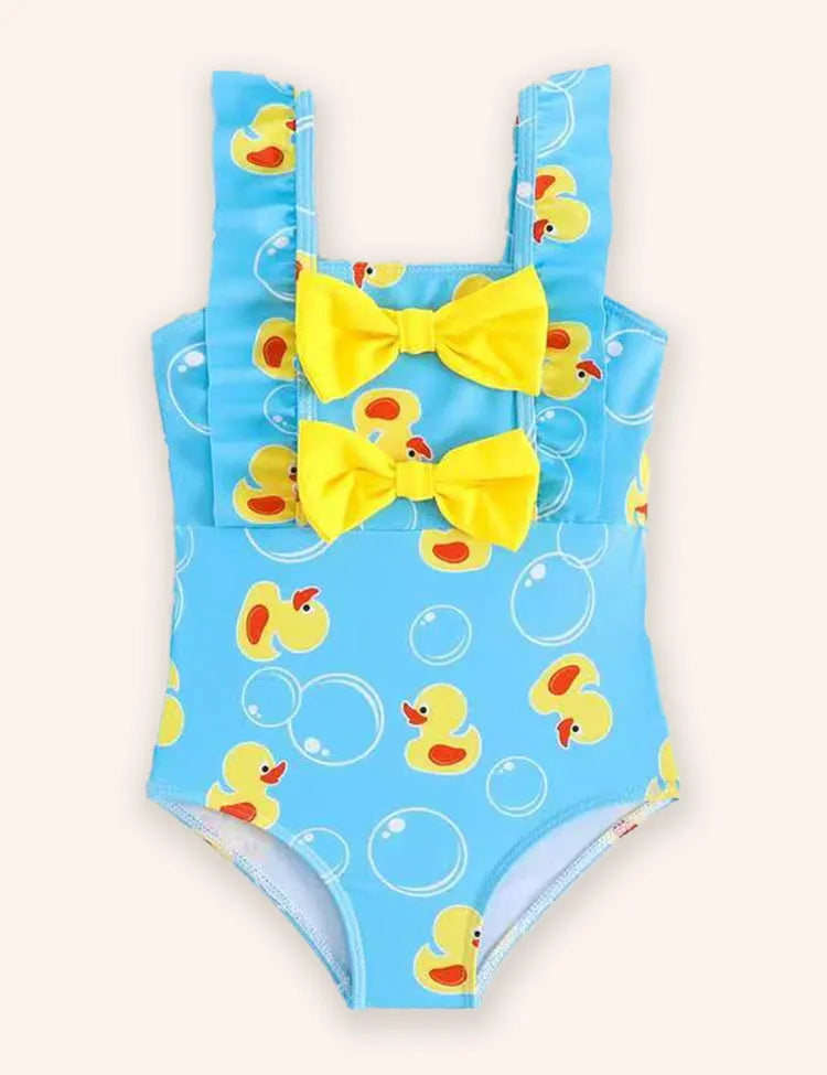 Cute Print Bow Lace Sleeveless Swimsuit