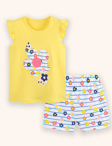 Flower Striped Applique T-shirt Set