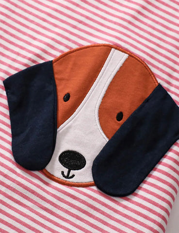 Puppy Embroidered Striped Dress
