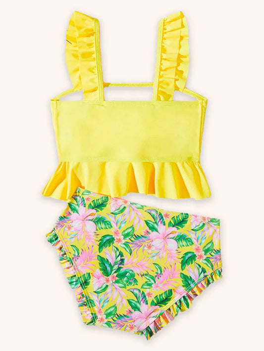 Flower Print Split Ruffle Edge Swimsuit