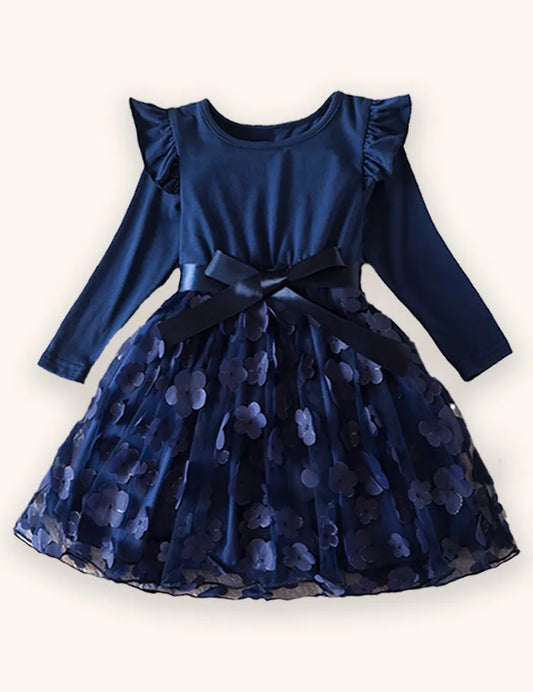 3D-Blumen-Tüllkleid mit langen Ärmeln