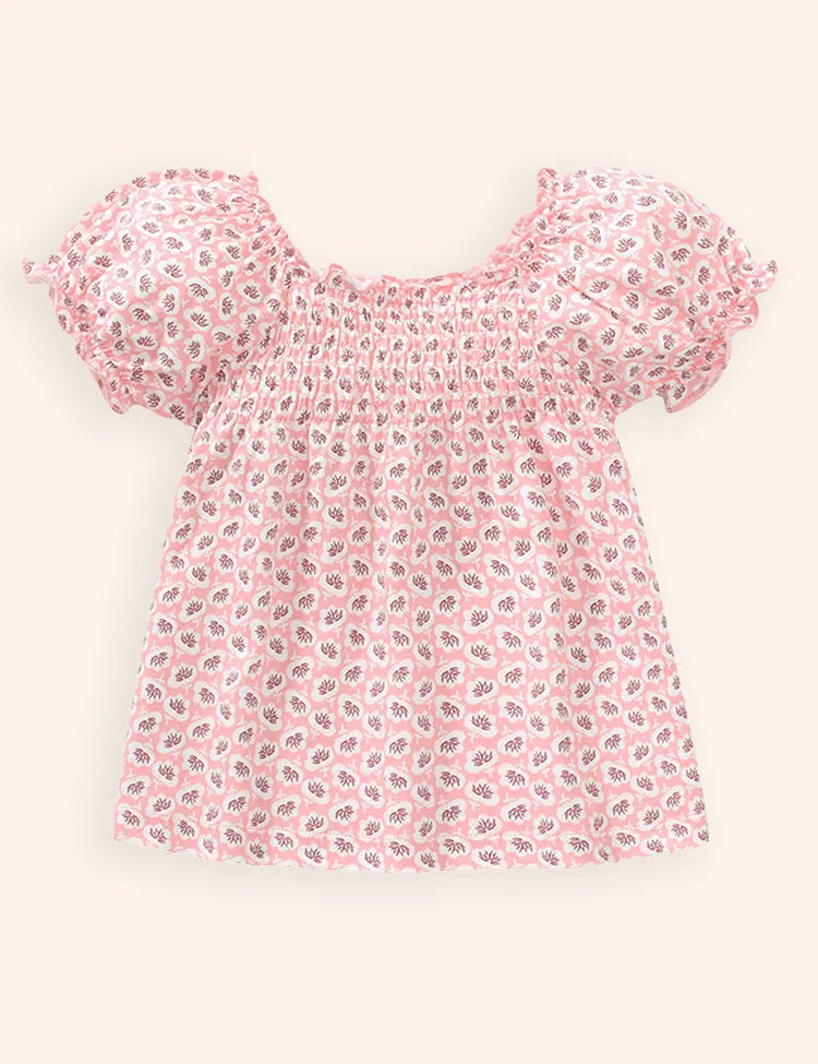 Baumwoll-T-Shirt mit Blumendruck und Puffärmeln