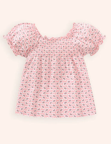 Baumwoll-T-Shirt mit Blumendruck und Puffärmeln
