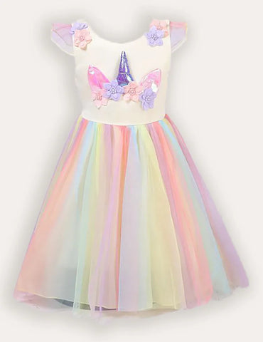 Unicorn Flower Applique Tulle Party Dress