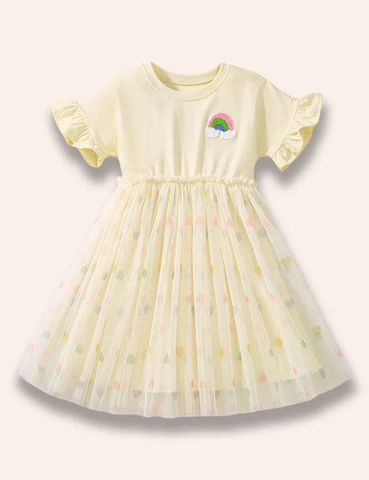 Soffice abito in tulle con applicazioni arcobaleno a cuori
