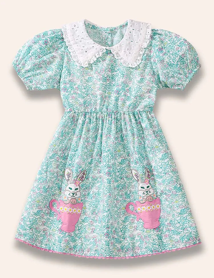 Floral Cup Bunny Appliqué Dress