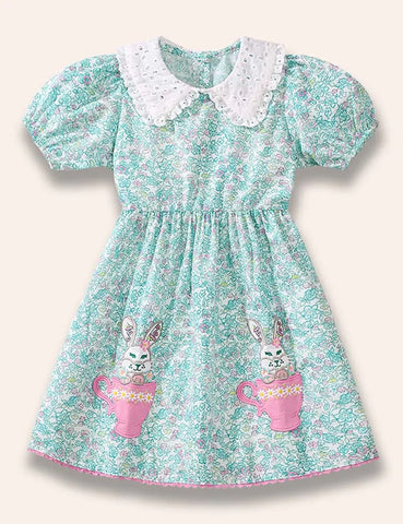 Floral Cup Bunny Appliqué Dress