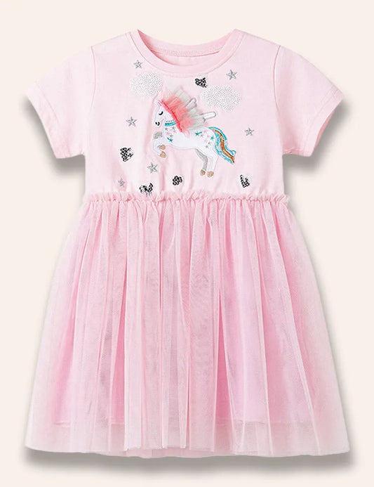 Robe en tulle à paillettes et appliqué licorne volante