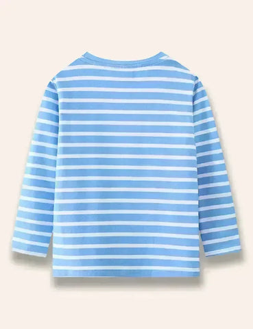 Langärmliges Gestreiftes T-Shirt mit Cartoon-Dinosaurier-Applikation