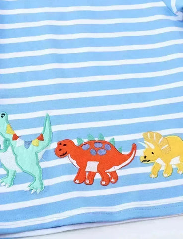 Langärmliges Gestreiftes T-Shirt mit Cartoon-Dinosaurier-Applikation