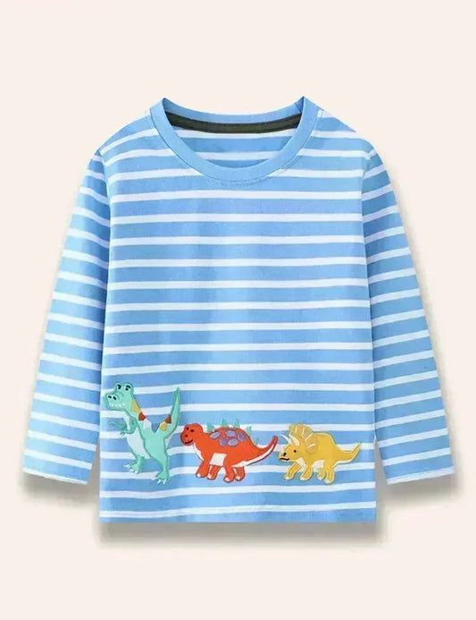 T-shirt a righe a maniche lunghe con applicazione di dinosauri cartoni animati