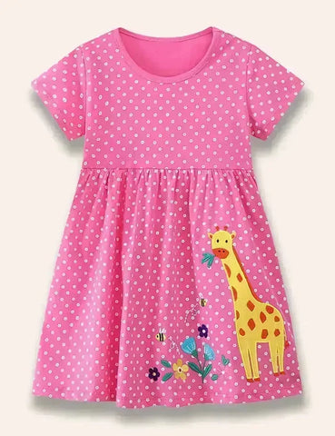 Kleid mit Blumen-Giraffen-Applikation und Punkten