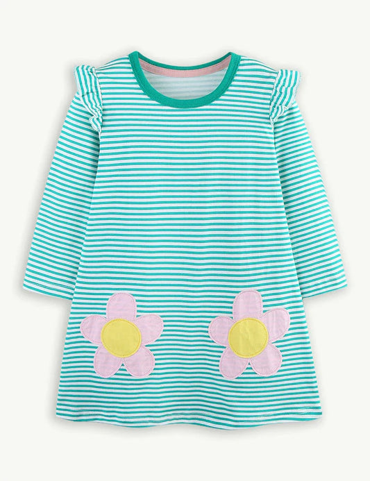 Flower Appliqué Striped Dress