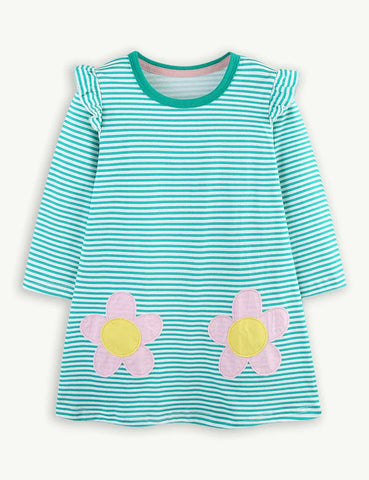 Flower Appliqué Striped Dress
