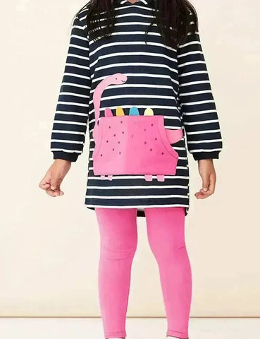 Cute Dinosaur Appliqué Hooded Striped Sweatshirt Set