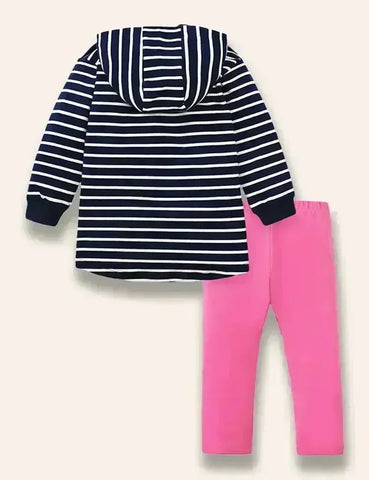 Cute Dinosaur Appliqué Hooded Striped Sweatshirt Set