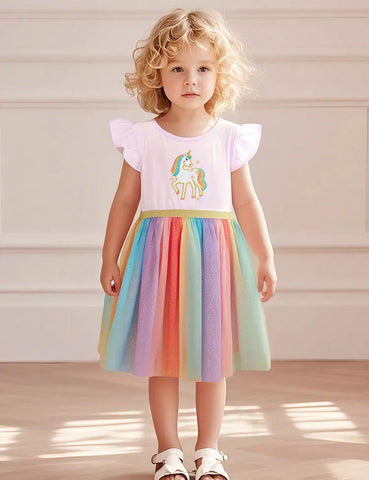 Tüllkleid mit Regenbogen-Einhorn-Applikation