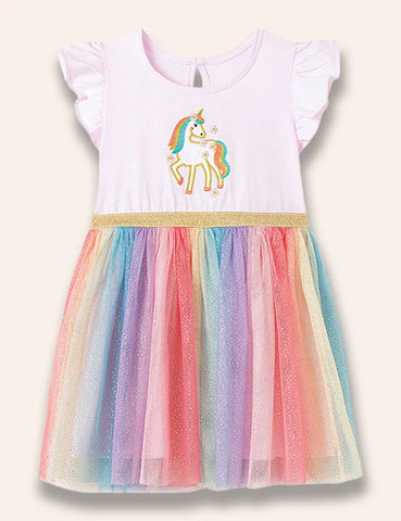Tüllkleid mit Regenbogen-Einhorn-Applikation