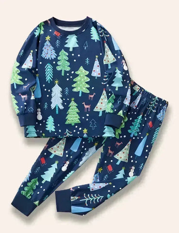 Blaue Pyjamas Mit Weihnachtsbaum-Print