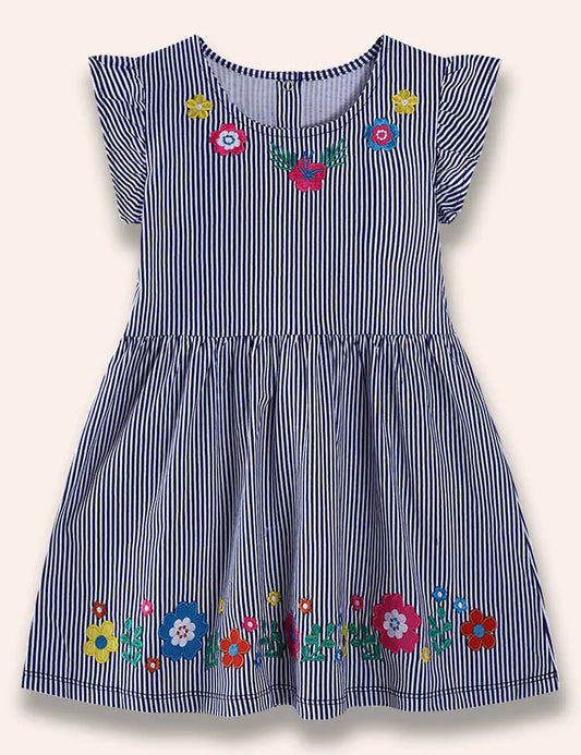 Gestreiftes Kleid mit mehrfarbiger Blumenstickerei