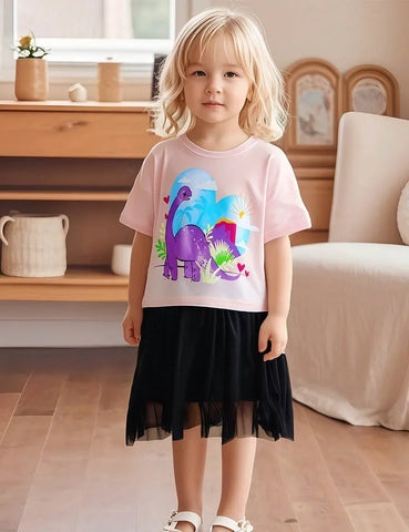 Cartoon Dinosaur Printed T-Shirt+Tulle Skirt
