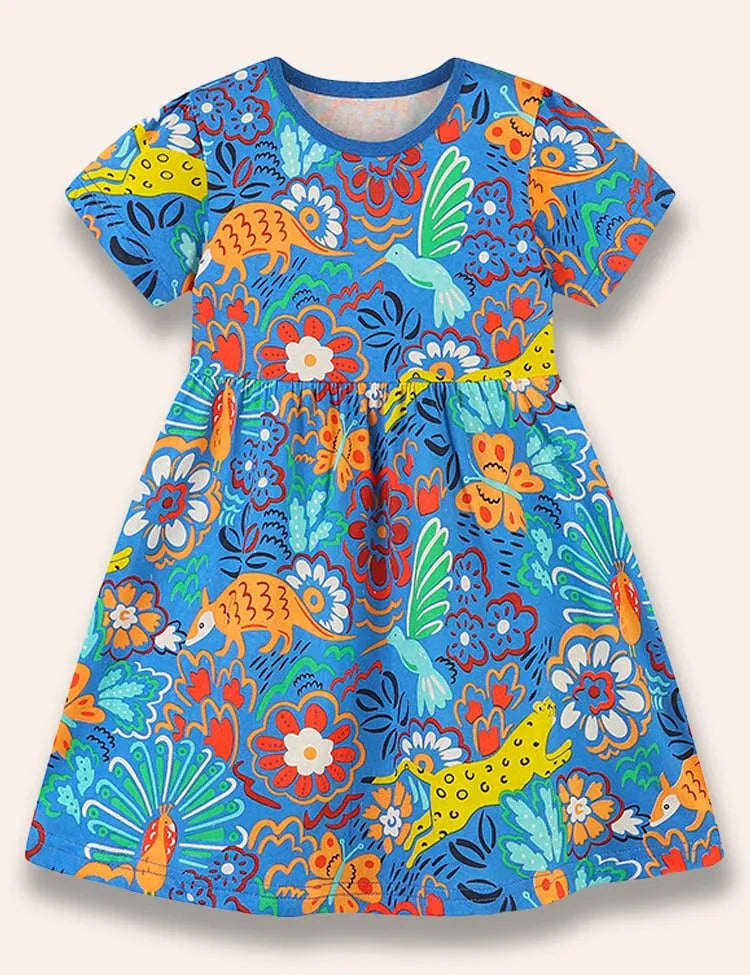 Kleid mit Blumen- und Tierdruck