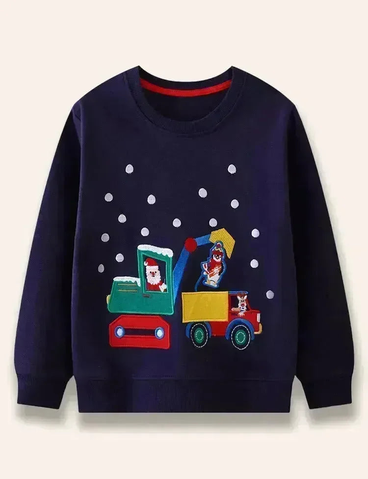 Weihnachtliches Sweatshirt mit Weihnachtsmann‑Bagger‑Applikation