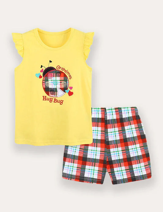 Set maglietta e pantaloncini ricamati scozzesi con coccinella
