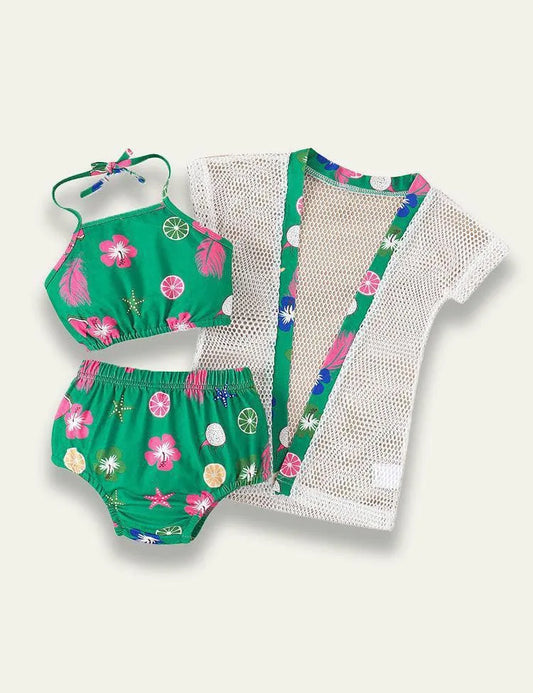 Fragmented Flower Hanging Neck Mesh Sunscreen Coat Swimwear - Mini Taylor