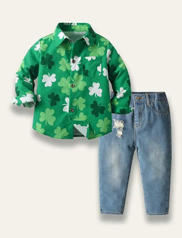 St. Patrick's Day Clover Printed Long Sleeve Shirt+Jeans - Mini Taylor