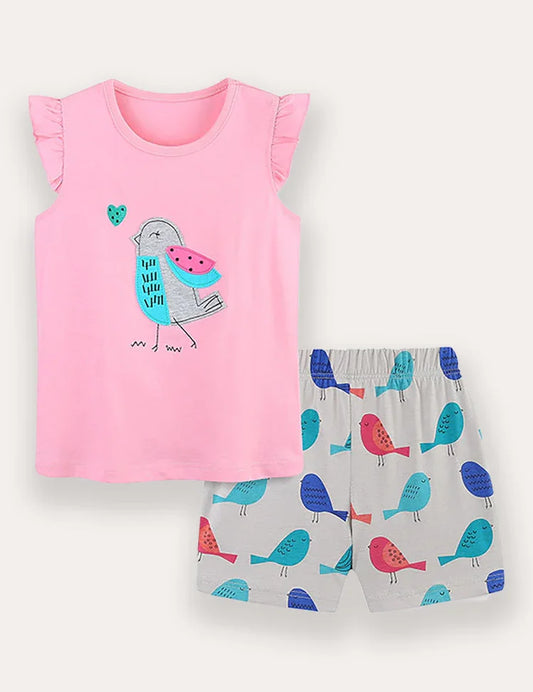 Set maglietta e pantaloncini con applicazioni di uccelli