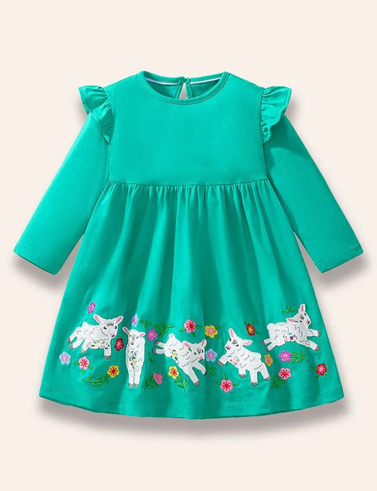 Cartoon Sheep Printed Long Sleeve Dress - Mini berni