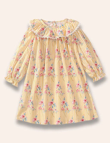 Rose Printed Long Sleeve Striped Dress - Mini berni