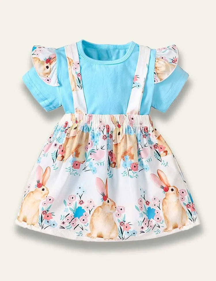 Easter Solid Color T-Shirt+Bunny Printed Strap Dress - Mini Taylor