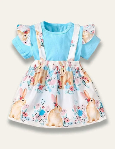 Easter Solid Color T-Shirt+Bunny Printed Strap Dress - Mini Taylor