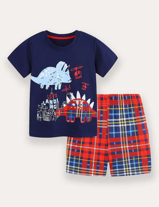Set di maglietta e pantaloncini con stampa scozzese di dinosauri