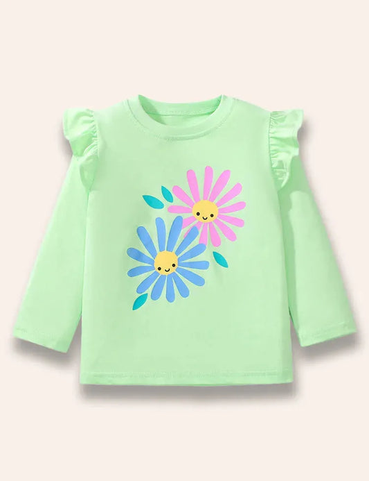 Langärmeliges T-Shirt mit Cartoon-Gänseblümchen-Print und Rüschen