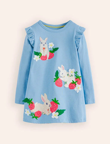 Bunny Strawberry Appliqué Long Sleeves Dress
