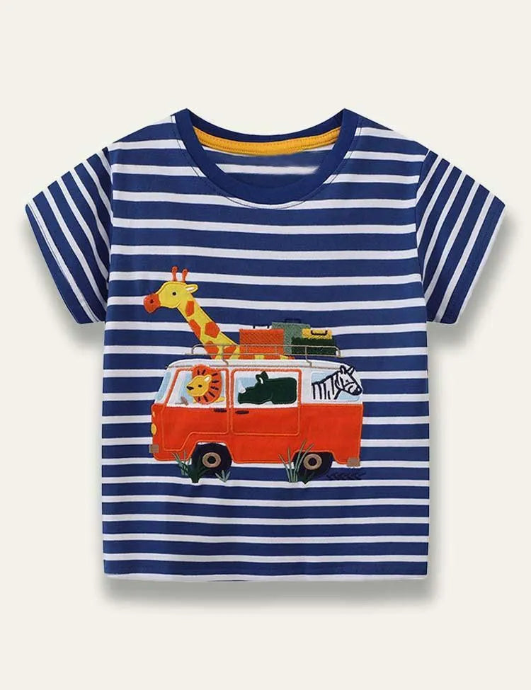 Cartoon Animal Bus Appliqué Stripe T-Shirt - Mini Taylor