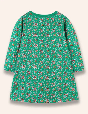 Kleid mit Blumen-Cartoon-Vogel-Applikation