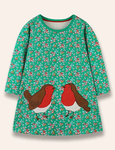 Kleid mit Blumen-Cartoon-Vogel-Applikation