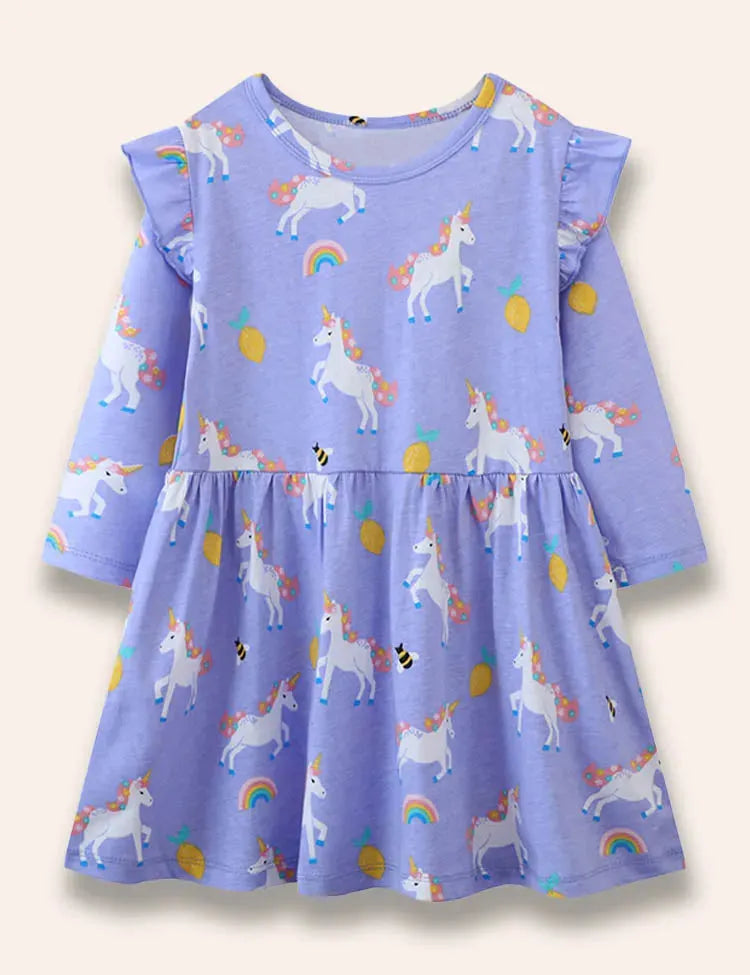 Cartoon Unicorn Printed Ruffled Dress