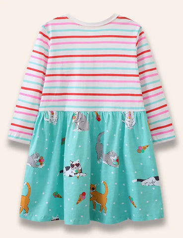 Gestreiftes Kleid Mit Eiscreme-Katzen-Print