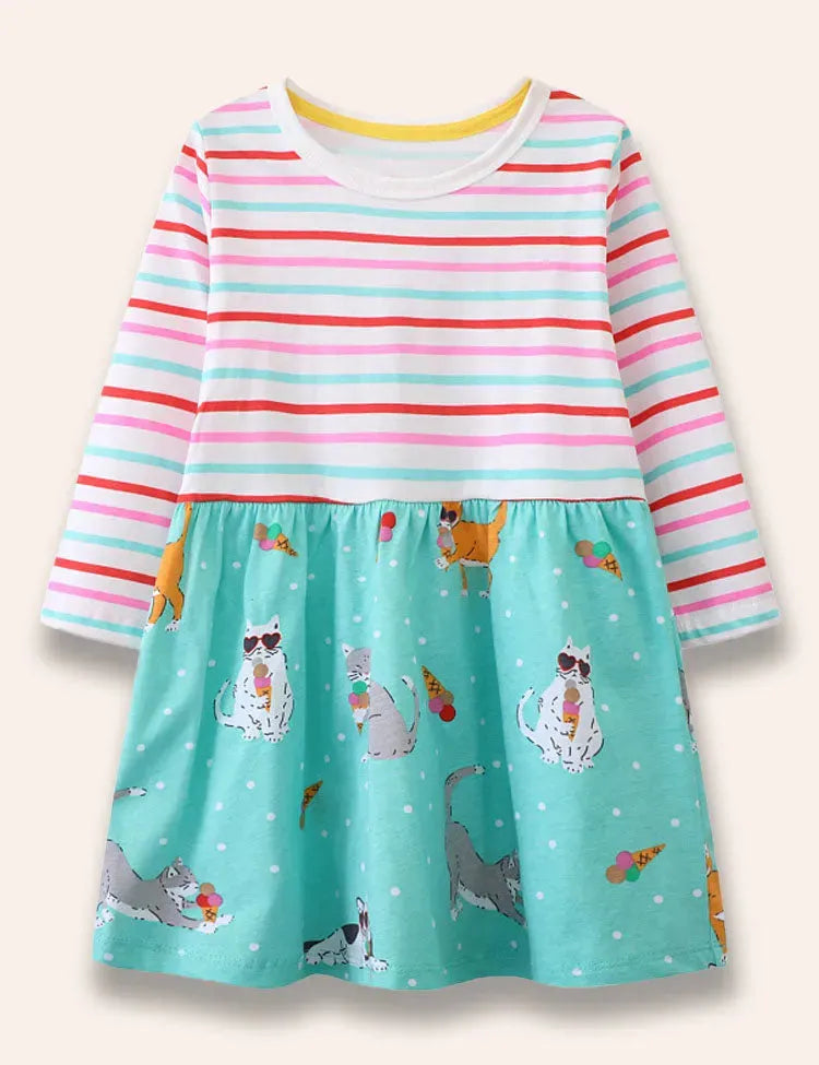 Gestreiftes Kleid Mit Eiscreme-Katzen-Print