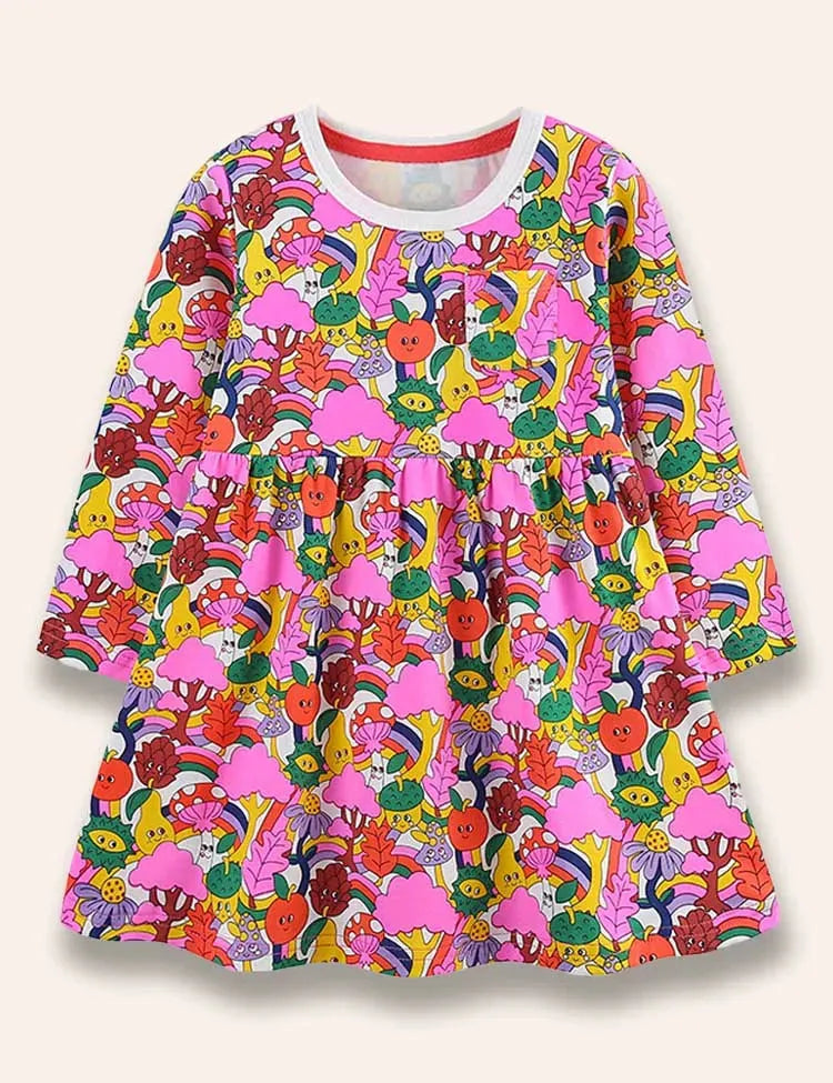Kleid mit Cartoon-Früchten und Regenbogenprint
