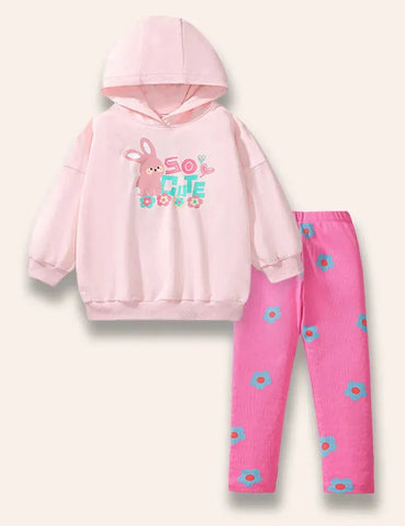 Süßer Hasen-Print Kapuzensweatshirt+Blumige Leggings